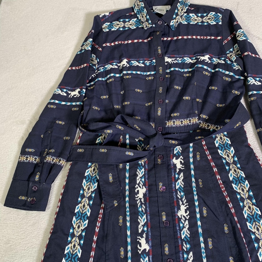 Finley Southwestern Horse Print Jacquard Belted Shirt Dress Womens Small USA - Picture 2 of 14